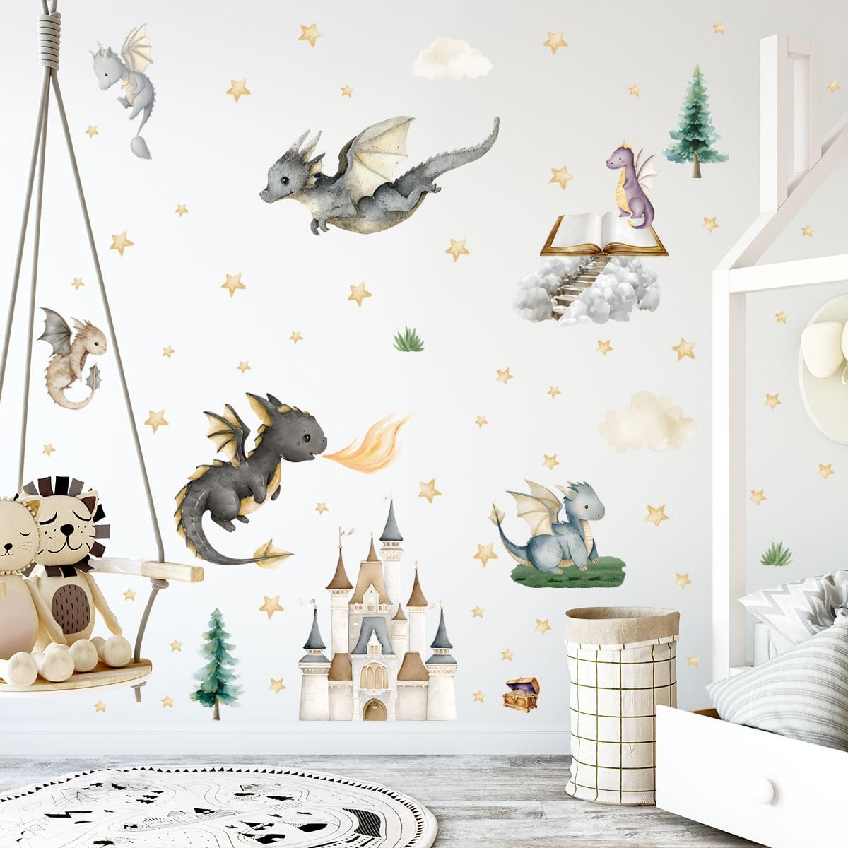 Dragon Wall Stickers,Peel and Stick Colorful Flying Dragon,White Clouds, Stars.Tree Self-Adhesive Mural，Removable Wall Sticker for Living Room Baby Nursery Kids Room Wall Decor (Large Dragon Decal)