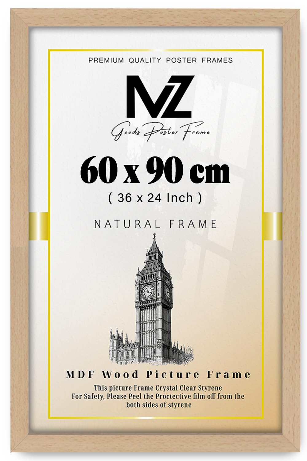 MZ GOODS | Beech 1' 12" x 2' 11" Poster Frame (60 x 90 CM) Museum Quality, Ideal for Art Enthusiasts, Ready to Hang High-Definition Prints 36 x 24 Inch [ Beech ]