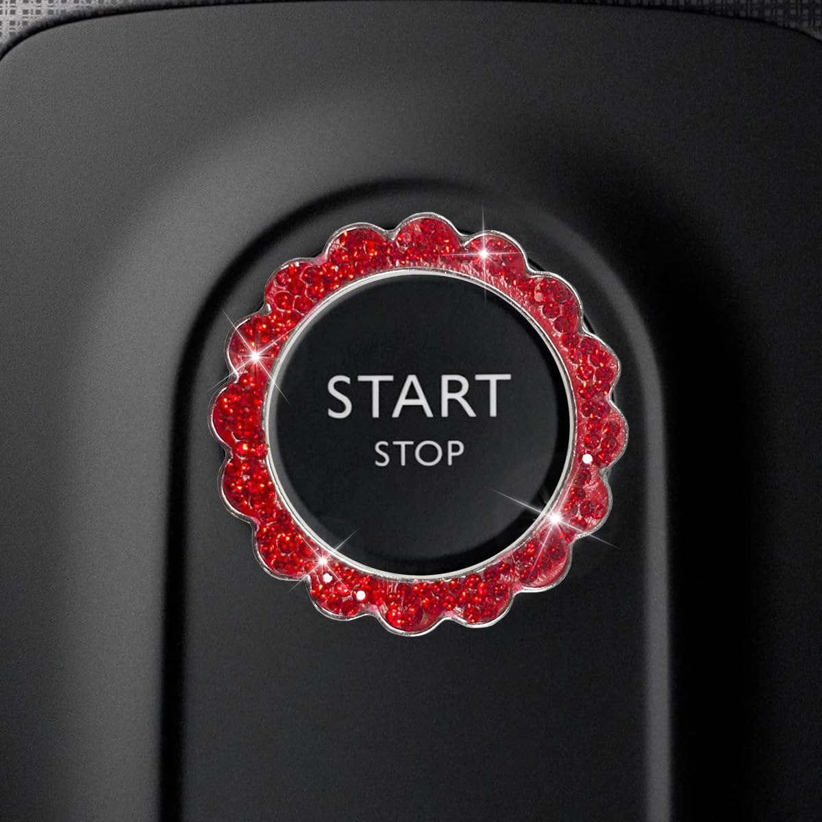 Bling Flower Car Engine Start Stop Decoration Ring, Crystal Rhinestone Auto Push to Start Button Trim Cover Sticker, Vehicle Interior Key Ignition Knob Accessories (Red)