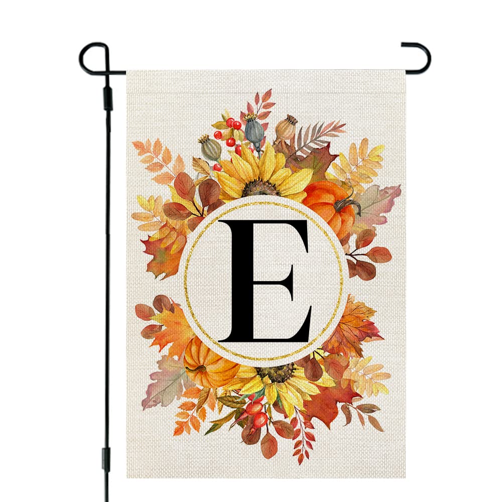CROWNED BEAUTYFall Monogram Letter E Garden Flag Sunflower Pumpkin Leaves 12x18 Inch Double Sided Outside Small Burlap Family Last Name Initial Yard Decoration CF984-12
