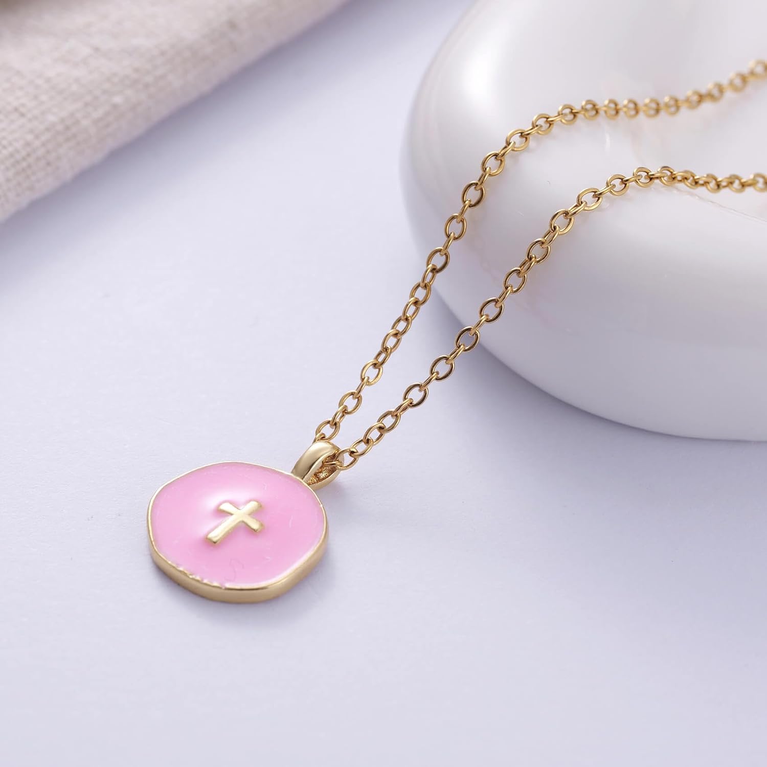 Kvekstio Baptism Gift - Pink Enamel Disc Pendant with Gold-Tone Chain Cross Necklace for First Communion, Christening, Teen's Confirmation Gifts, Baptized in Christ Necklace, Women's Faith Cross Gift - Image 2