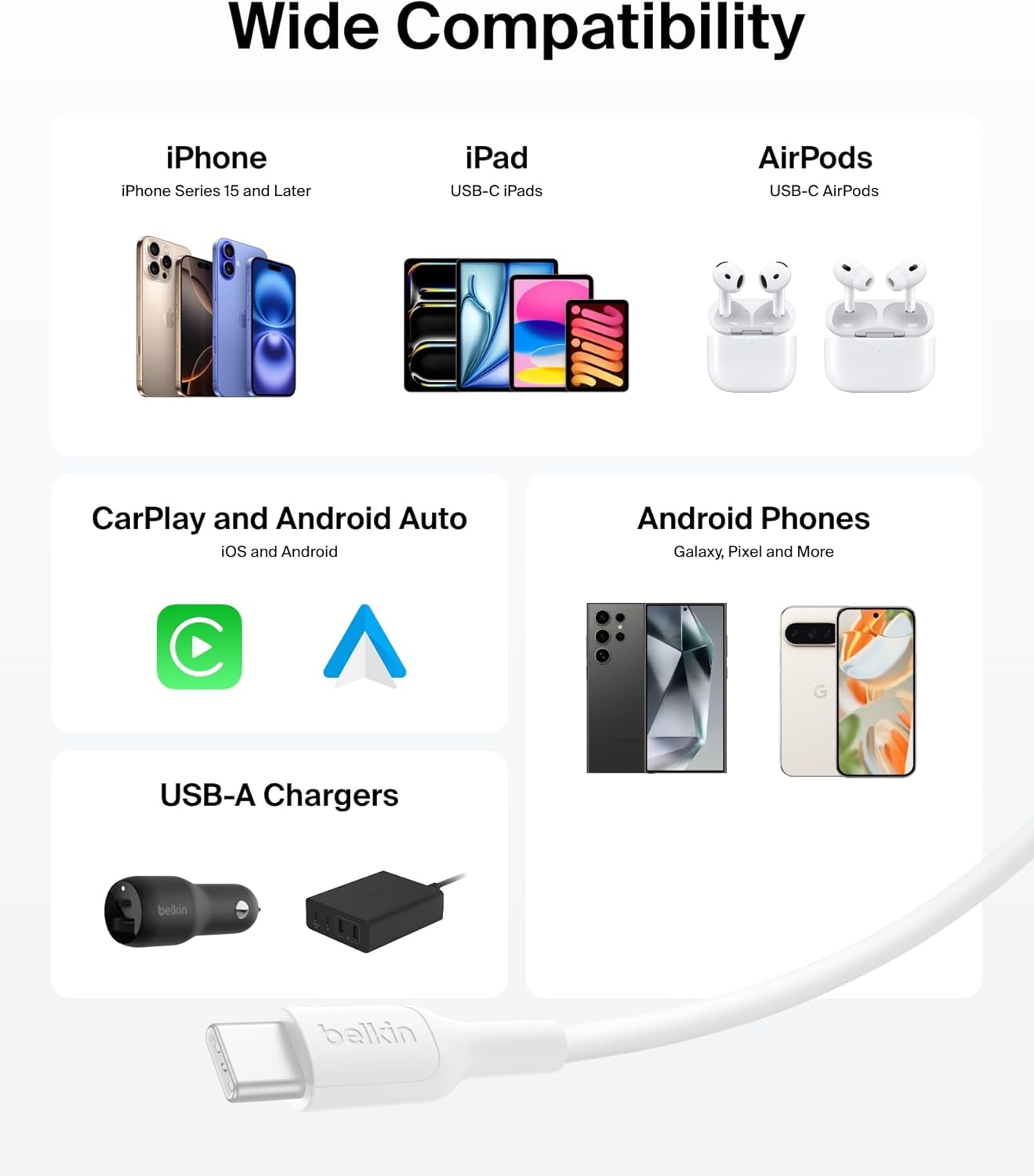 Belkin Eco Braided USB-A to USB-C Cable 2-Pack (3.3ft, 15W) - Soft, Flexible Fast-Charging Cable, Type C Charger Cord for iPhone 17 Series, Galaxy S25, Pixel 10, iPad Pro, & More - White (USB 2.0)