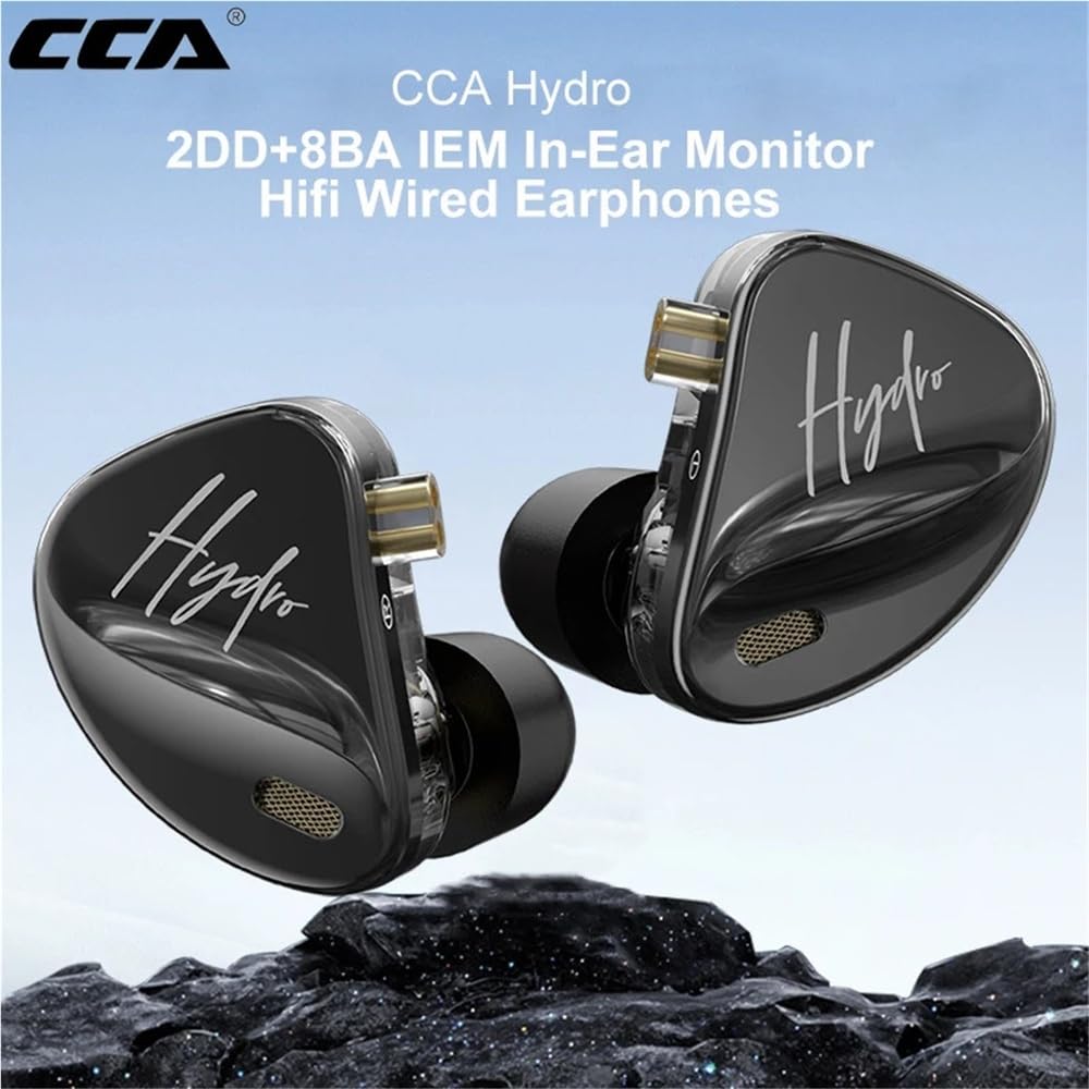 CCA Hydro 20-Treiber-Flaggschiff-IEM (2DD + 8BA pro Ohr), 4-Wege-Frequenzweiche Hybrid-In-Ear-Monitore, HiFi-Ohrhörer mit 4-Tuning-Switch, 26 dB Geräuschisolierung für Audiophile (hydroschwarzes