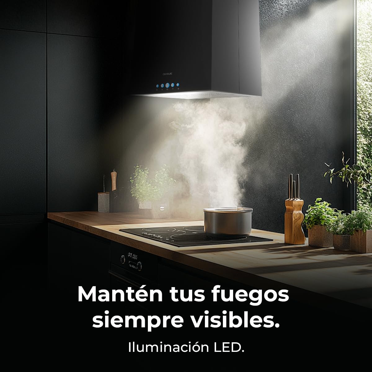 Cecotec Cappa Aspirante a Isola 38 cm - Cappa Cucina. Bolero Flux ICT 388000 Black A++ 210W, Cappa 38cm Acciaio inox nero, Flusso d'Aria 800m3/h, A++, Touch, LED, Carbonio Ø176, alluminio 5 strati