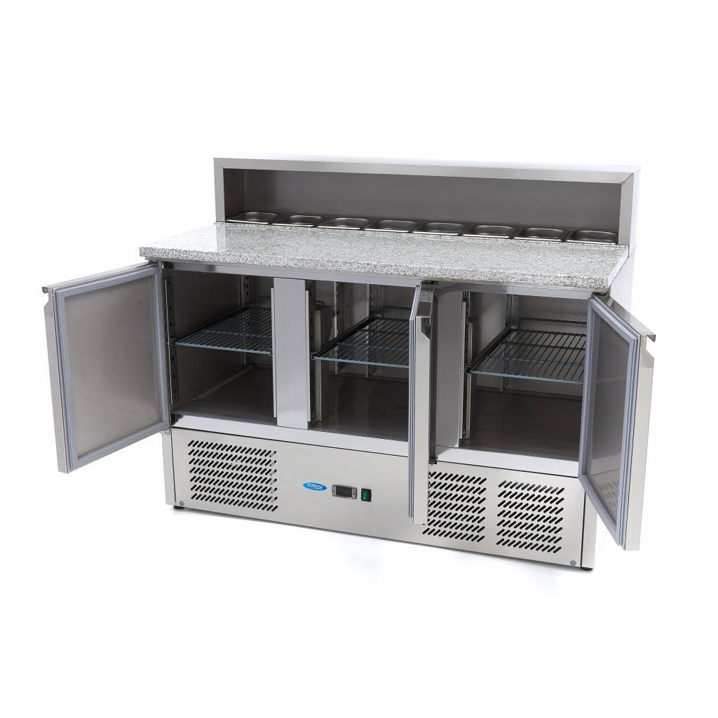 Maxima Réfrigérateur pour la préparation des pizzas - 137 cm - 3 portes - s'adapte à 8 x 1/6 GN - incl couvercle en acier inoxydable