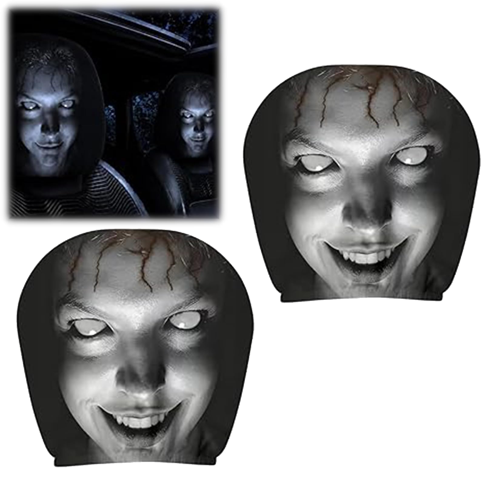 Miepkvl 2 STK Lustige Auto Kopfstützenbezüge,Ghost Face Headrest Covers, Horror Doppelseitig Bedruckt Kopfstütze Cover,Universal Elastische Atmungsaktiv Kopfstütze Cover für Autos, LKW (A)