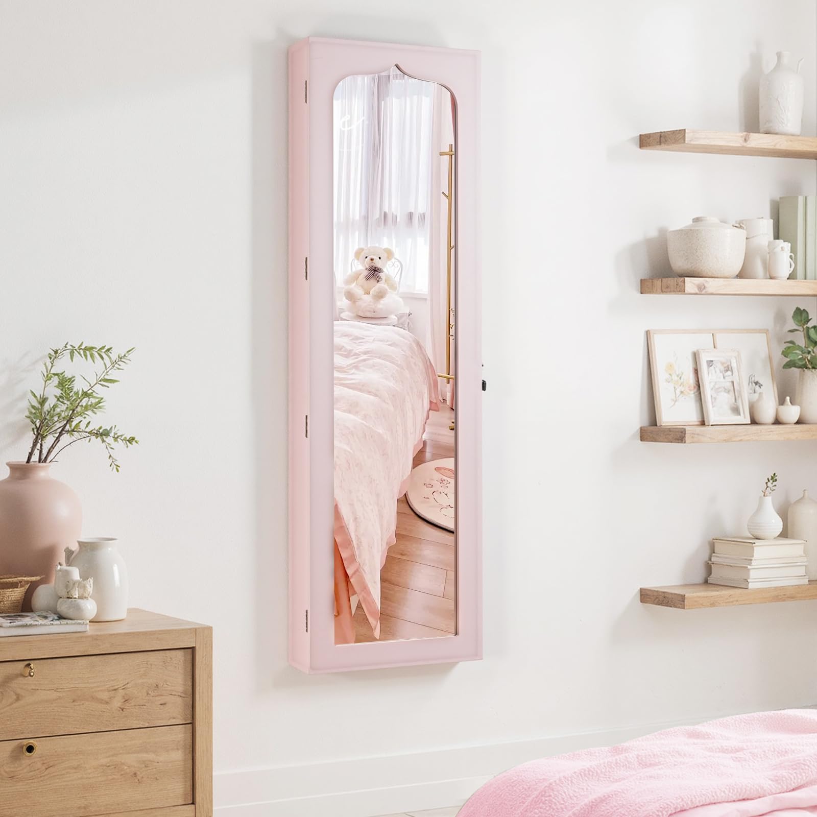 RELAX4LIFE Armoire à Bijoux Murale avec Miroir, 5 Lumières Automatiques, Miroir Rangement Bijoux avec 6 Tiroirs pour Boucles d'Oreilles Colliers Cosmétiques (Rose | Tiroir en MDF)