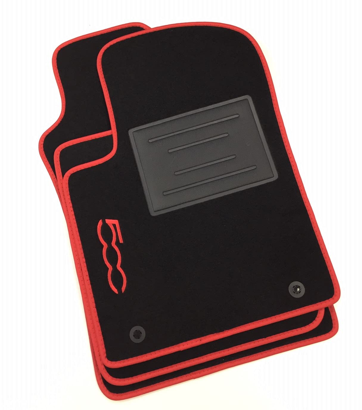 ASC Tappetini Auto Compatibili con Fiat 500 3 Porte 2012-2022, NO HYBRID-ELETTRICA,Moquette, 1 Logo Ricamato, Bordo Rosso, Bottoni e Battitacco