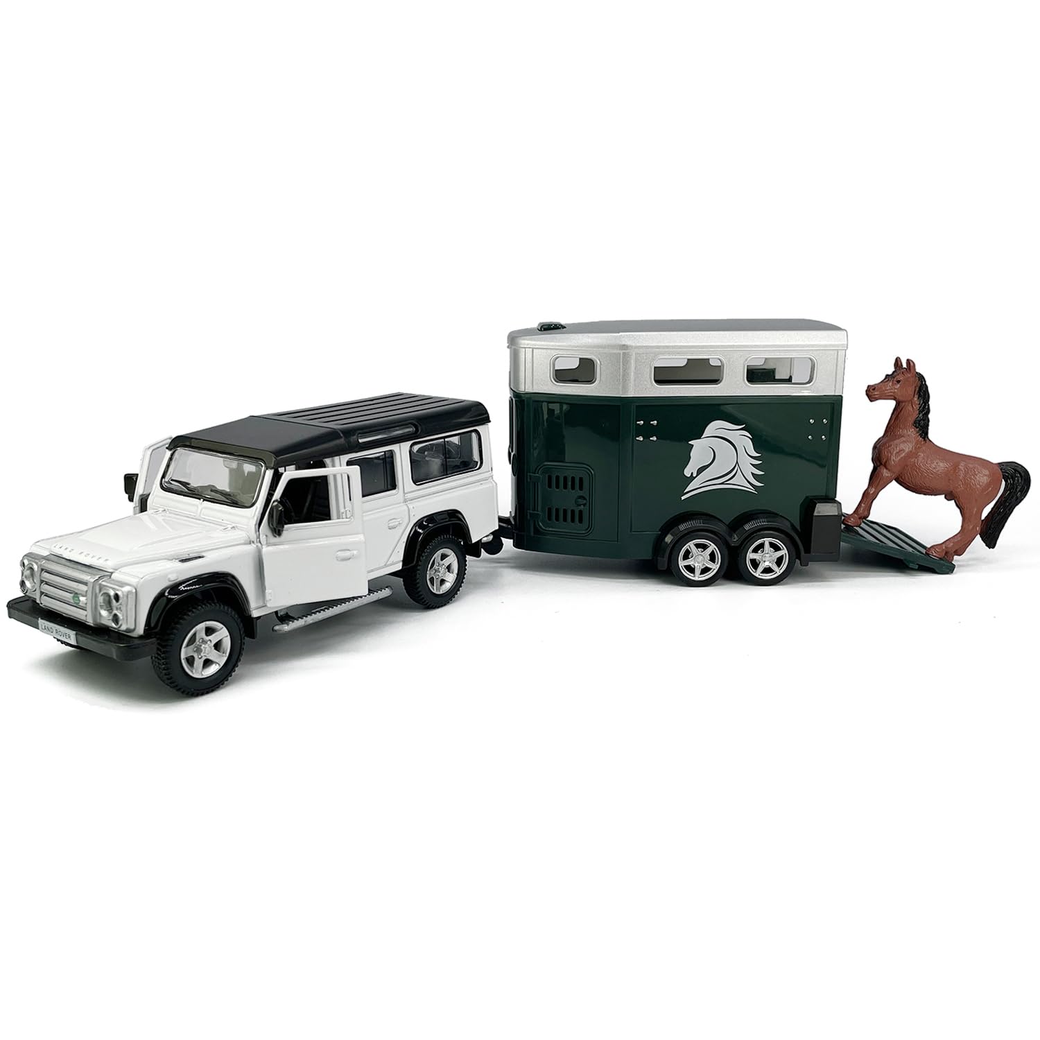 Defender Trailer Towing Horse Transporter Farm Trailers, Doors Open, 1/36 Scale Model Car Diecast Metal Toy Cars,3 4 5 6 7 Year Old Kids Boys Gifts,
