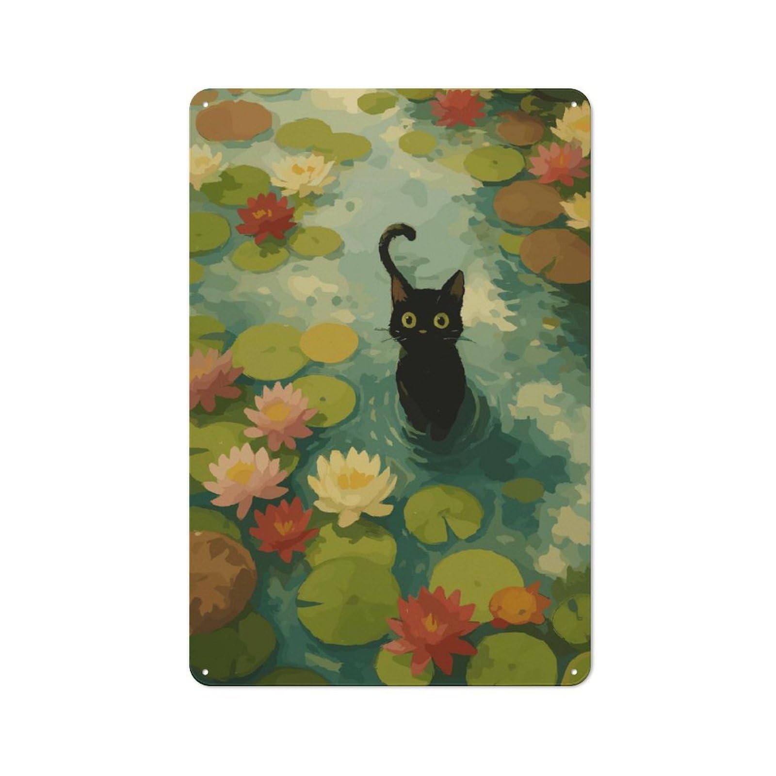 Junmoney Black Cat In Lily Pond For Guest Room Or Hallway, Retro-Style Tin Sign 30X20cm, For Vintage Wall Decor Fans, For Themed Room Decoration