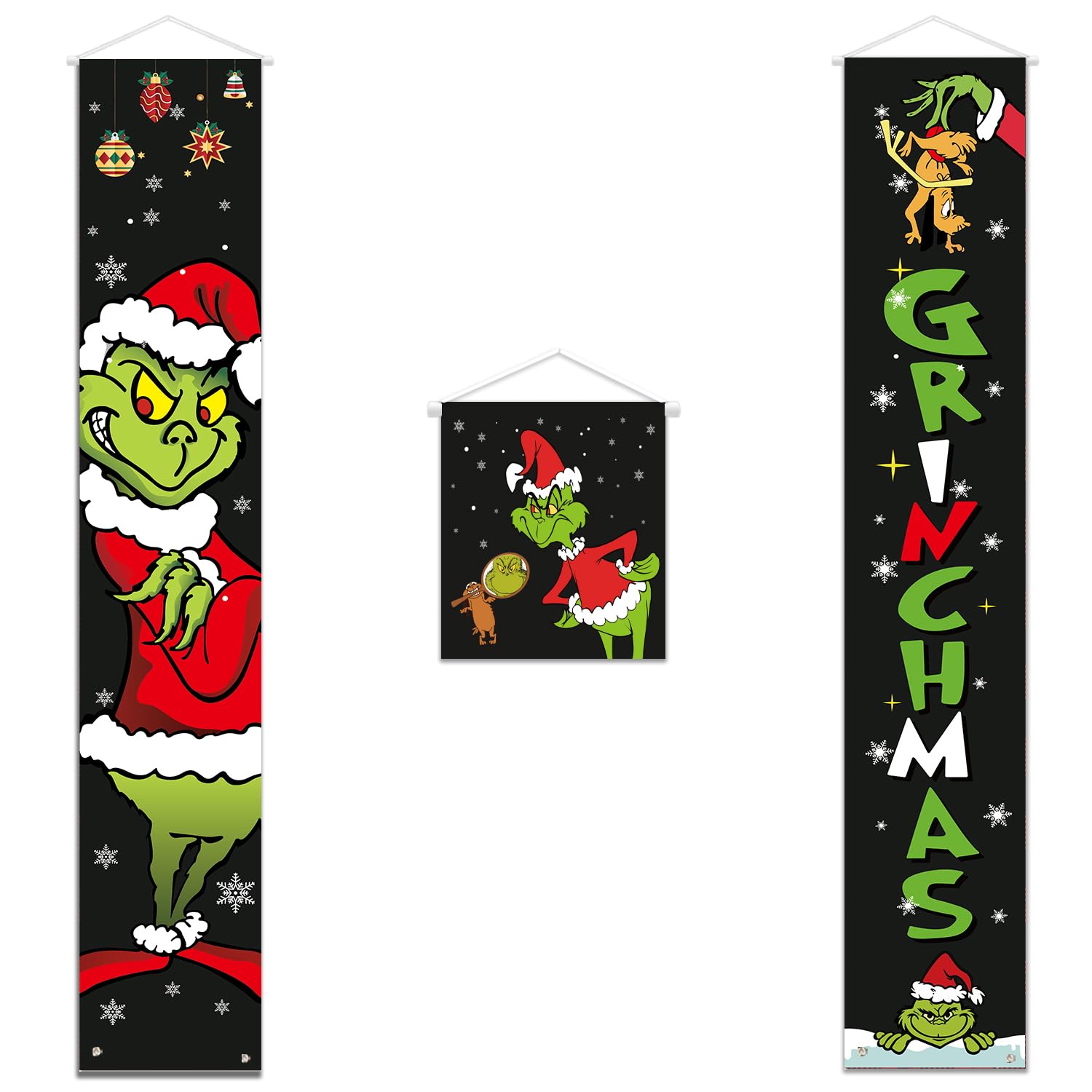 Grinchs Christmas Decorations - 3 PCS Grinchs Banner Decor for Indoor/Outdoor Christmas Decorations, Christmas Banners Flag for Party Door Porch Wall Office, Black