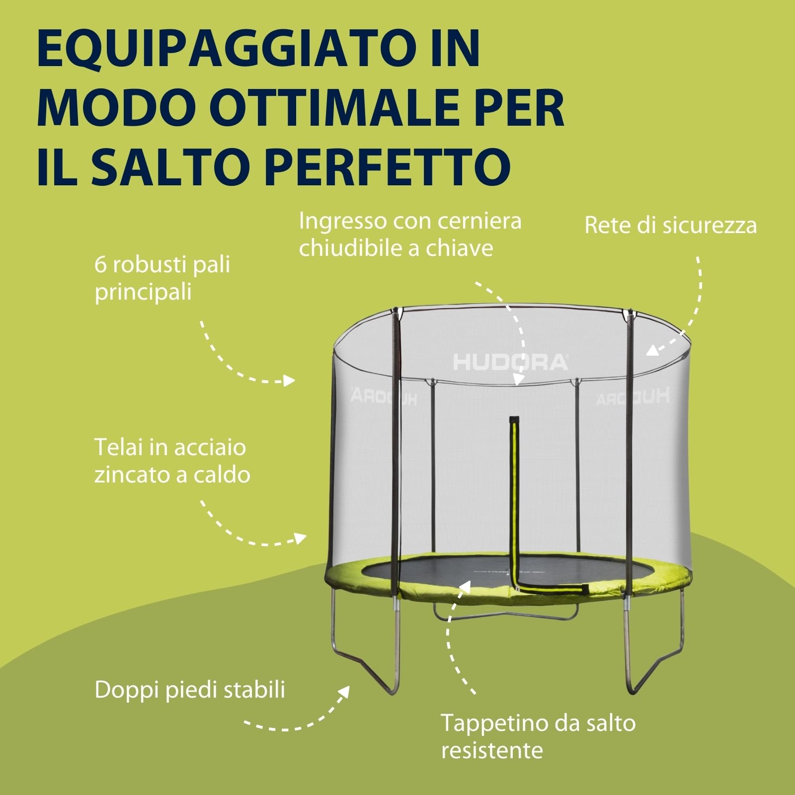 HUDORA Trampolino Fabulous 300V - Trampolino outdoor con rete di sicurezza - Trampolino da giardino per bambini e adulti - Trampolino con ampia copertura bordi fino a 100 kg