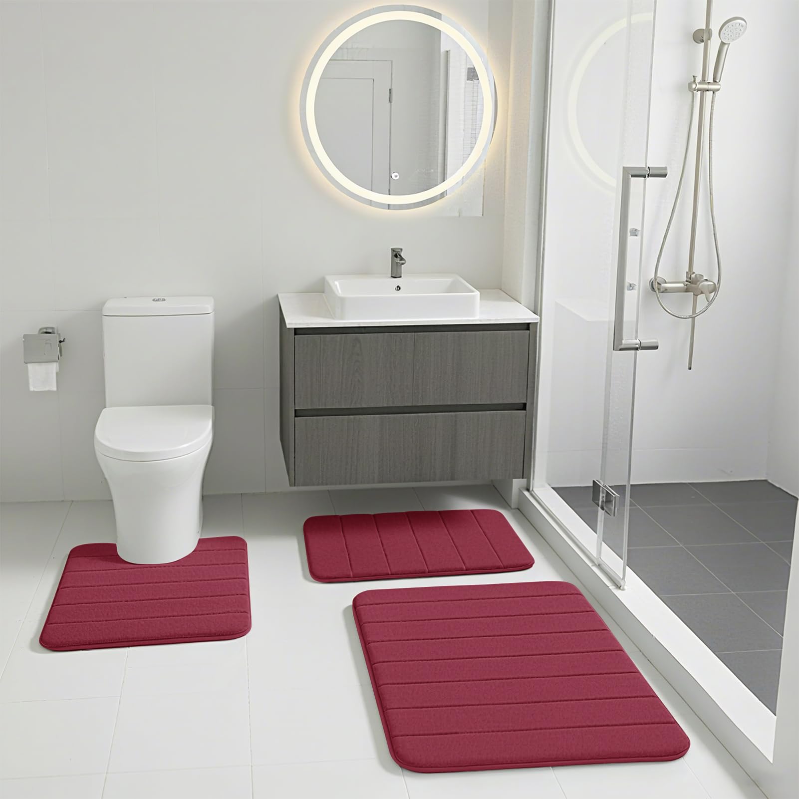 Set di 3 tappetini da bagno in memory foam, con retro antiscivolo in PVC, assorbe l'acqua, lavabile in lavatrice, tappeto da doccia per pavimento del bagno, rosso