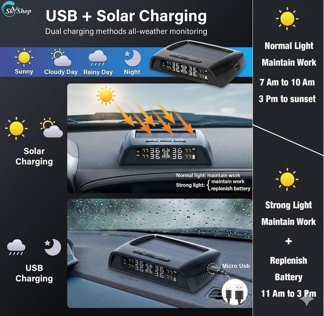 Skyshop® C240 Prime Solar TPMS Car Tyre Pressure Monitoring System with Voice Alert | German Chip High Accuracy | 4 High-Precision Internal Sensors | Real-Time Pressure & Temperature for Cars & SUVs 4
