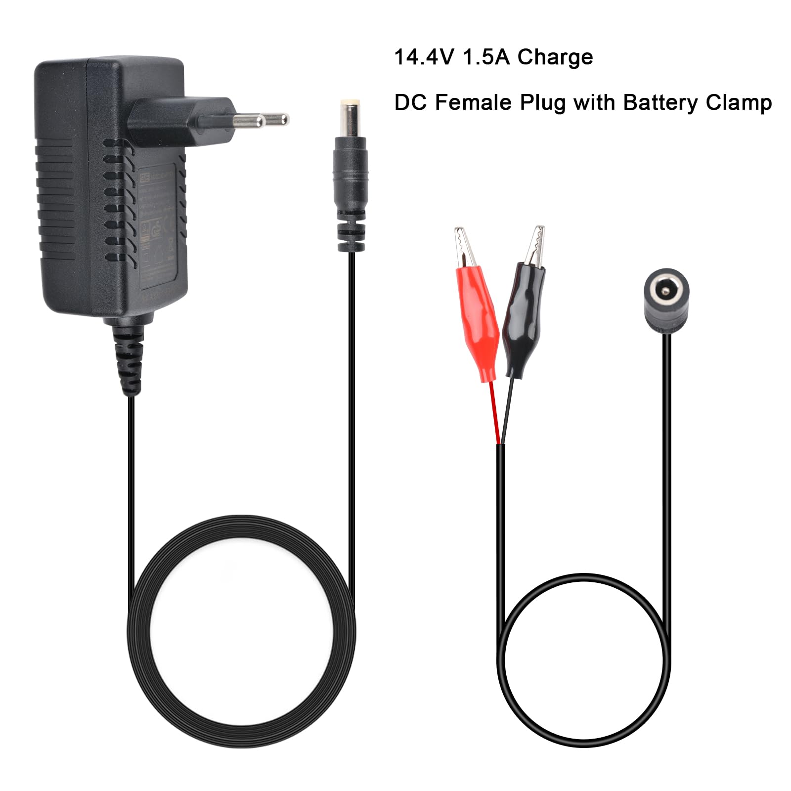 TalentCell Cargador inteligente 14.4 14.6 V/1.5 A, adaptador de corriente CA CC, cargador de batería LiFePO4 de 12 V con conector DC 5521, pinzas de cocodrilo para cámara, altavoces, GPS, webcam