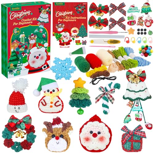 Ecoofor Christmas Crochet Kit for Beginners – DIY Holiday Crochet Starter Kit for Adults & Kid with Step-by-Step Video Tutorials & Patterns, Perfect for Christmas Decorations & Gifts