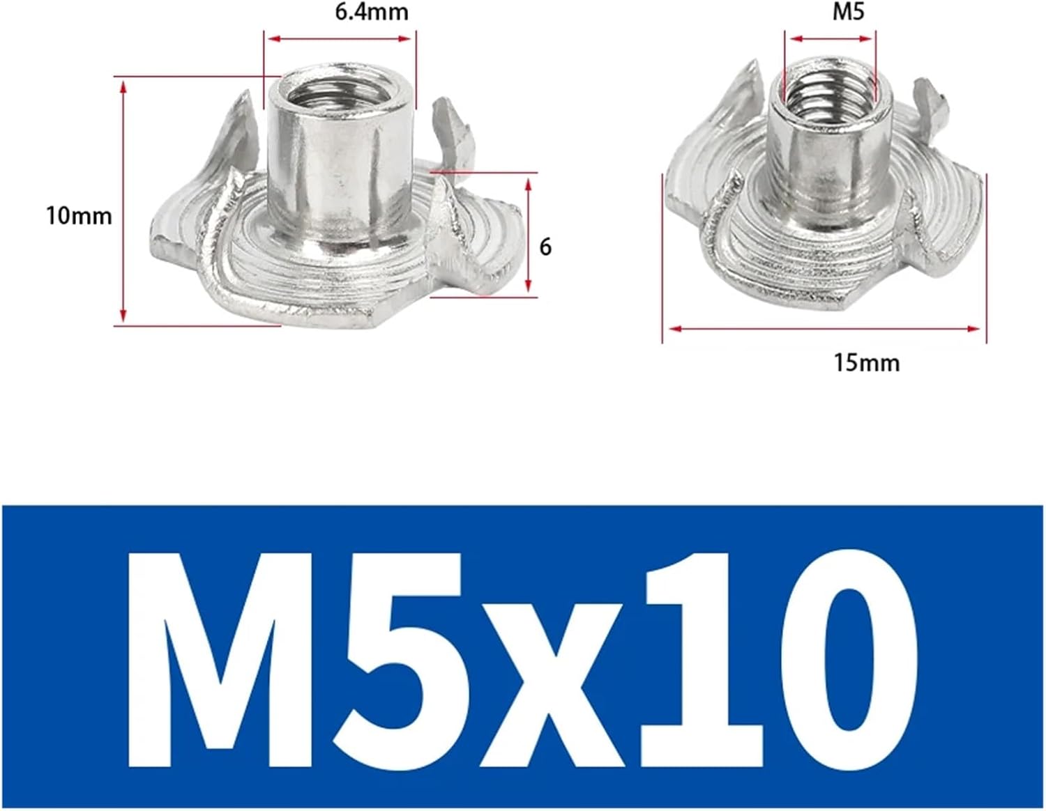 Hand tighten star nut 304 Stainless Steel M4 M5 M6 M8 M10 1/4-20 5/16-18 3/8-16 Four Claws Prongs Knock In Captive Nut Insert Speaker T-Nut(M5x10mm-10pcs)
