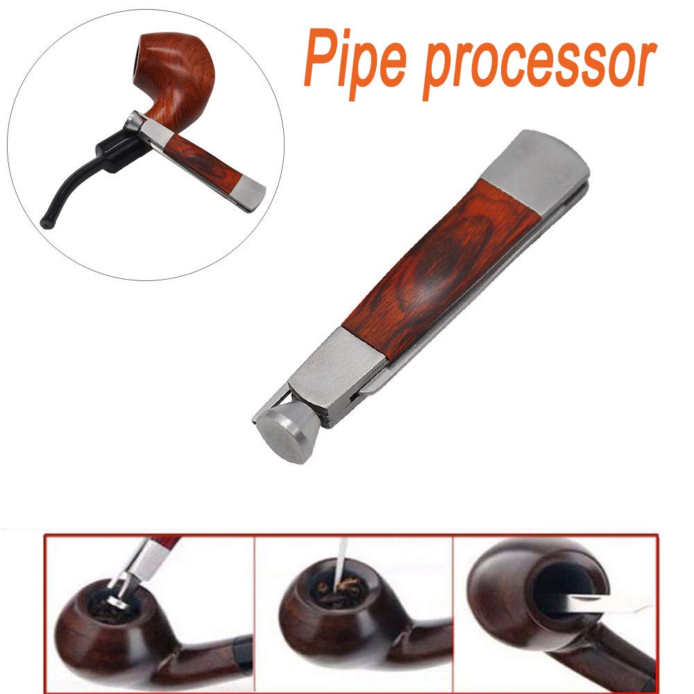 Strumento 3 in 1 per la pulizia della pipa, in legno rosso, in acciaio inox, alesatore per tabacco per bloccare la canna fumaria