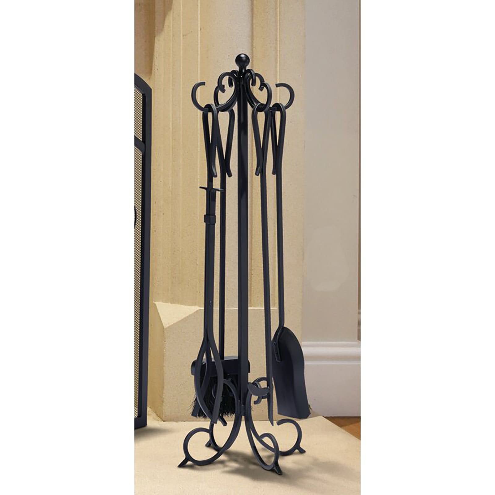 Set di 5 attrezzi per caminetto, in ferro battuto, con pergamene, 76,2 cm