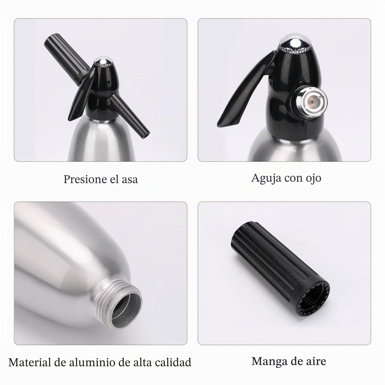 Sifón portátil de refresco de aluminio para el hogar, 1 litro, para hacer agua carbonatada, kit nostálgico de agua con gas para refrescar seltzer, cócteles, jugos y bebidas gaseosas (plata)