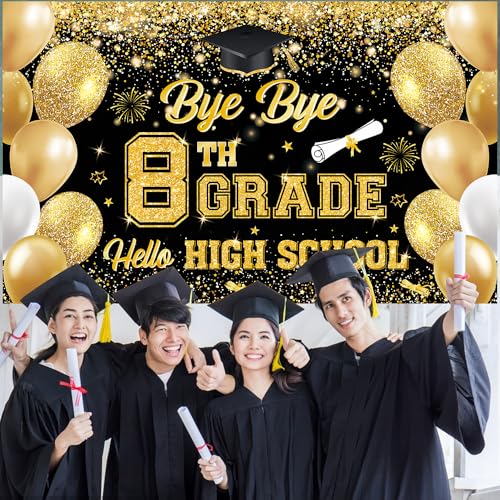 XIEXIEYOU Bye Bye 8TH Grade Hello High School Backdrop Large Size 8TH Grade Graduate Banner for 8TH Grade Graduation Party Decorations Supplies by XIEXIEYOU - Used condition - Image 3