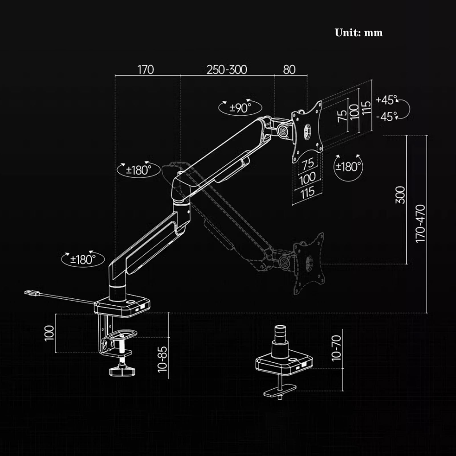 Supporto per monitor singolo, supporta schermi da 17 a 42 pollici e 15 kg, supporto regolabile con molla a gas con 31 modalità di illuminazione RGB e porta USB, morsetto a C e scrivania per monitor