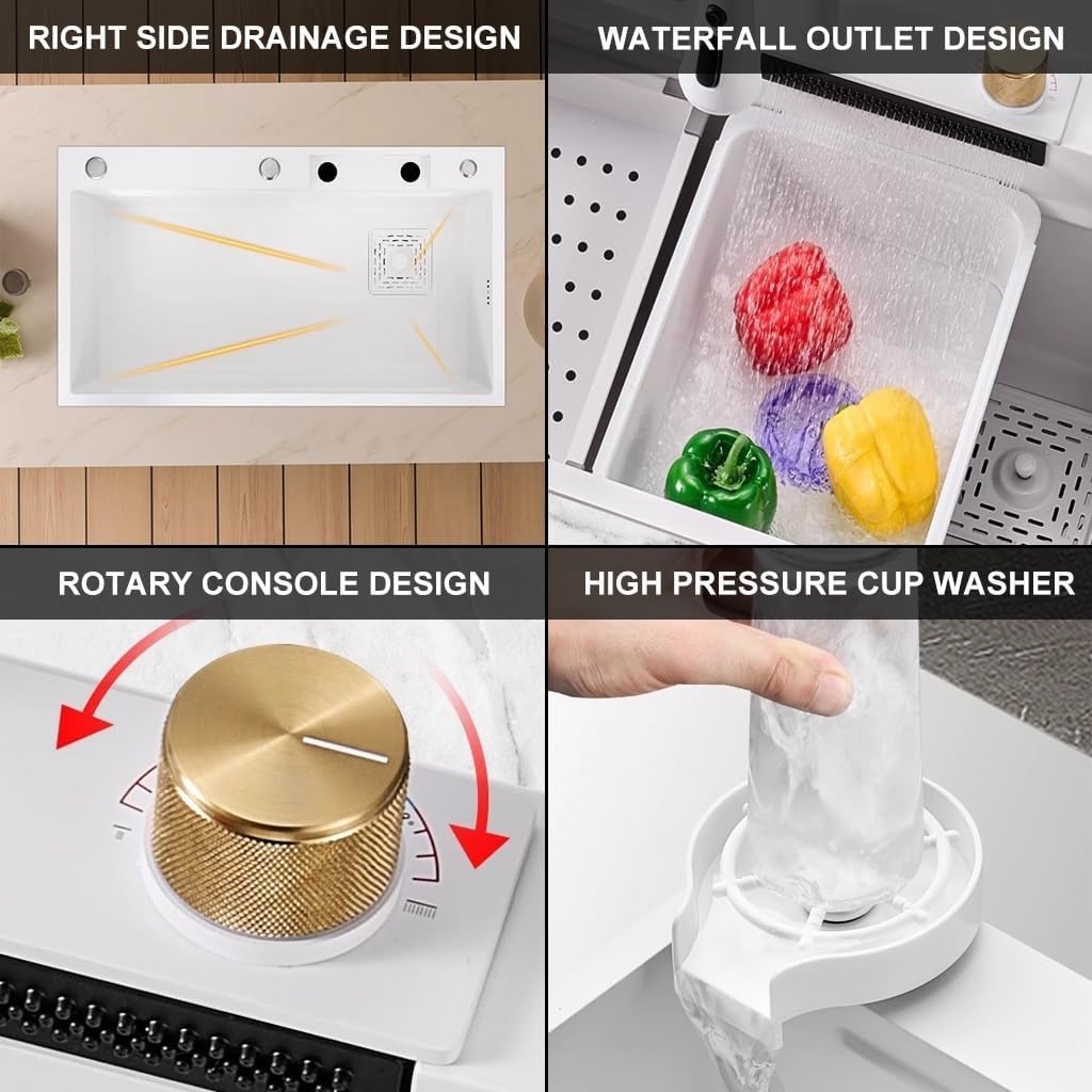 Single Bowl Waterfall Sink Stainless Steel Multifunctional Kitchen Sink White Nano-Coated Workstation Sink with Pull-Out Faucet,Drain Basket,Cup Washer (Color : White, Size : 80x45x22cm)