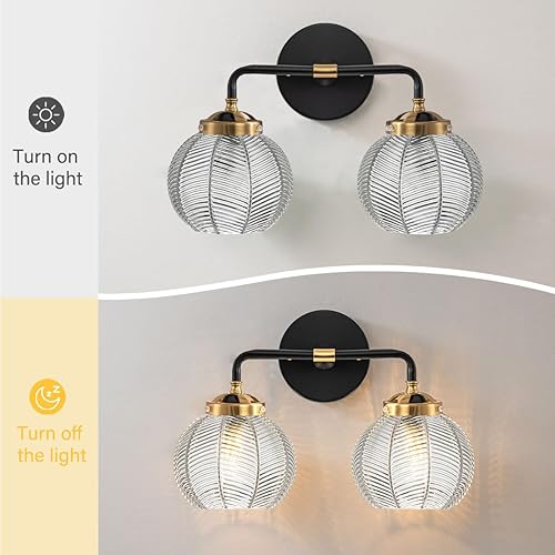 Miniatura 7 de Lámpara de tocador de baño de 2 luces, luces de globo de vidrio transparente, lámpara de montaje en pared negra con pantalla de vidrio acanalado,