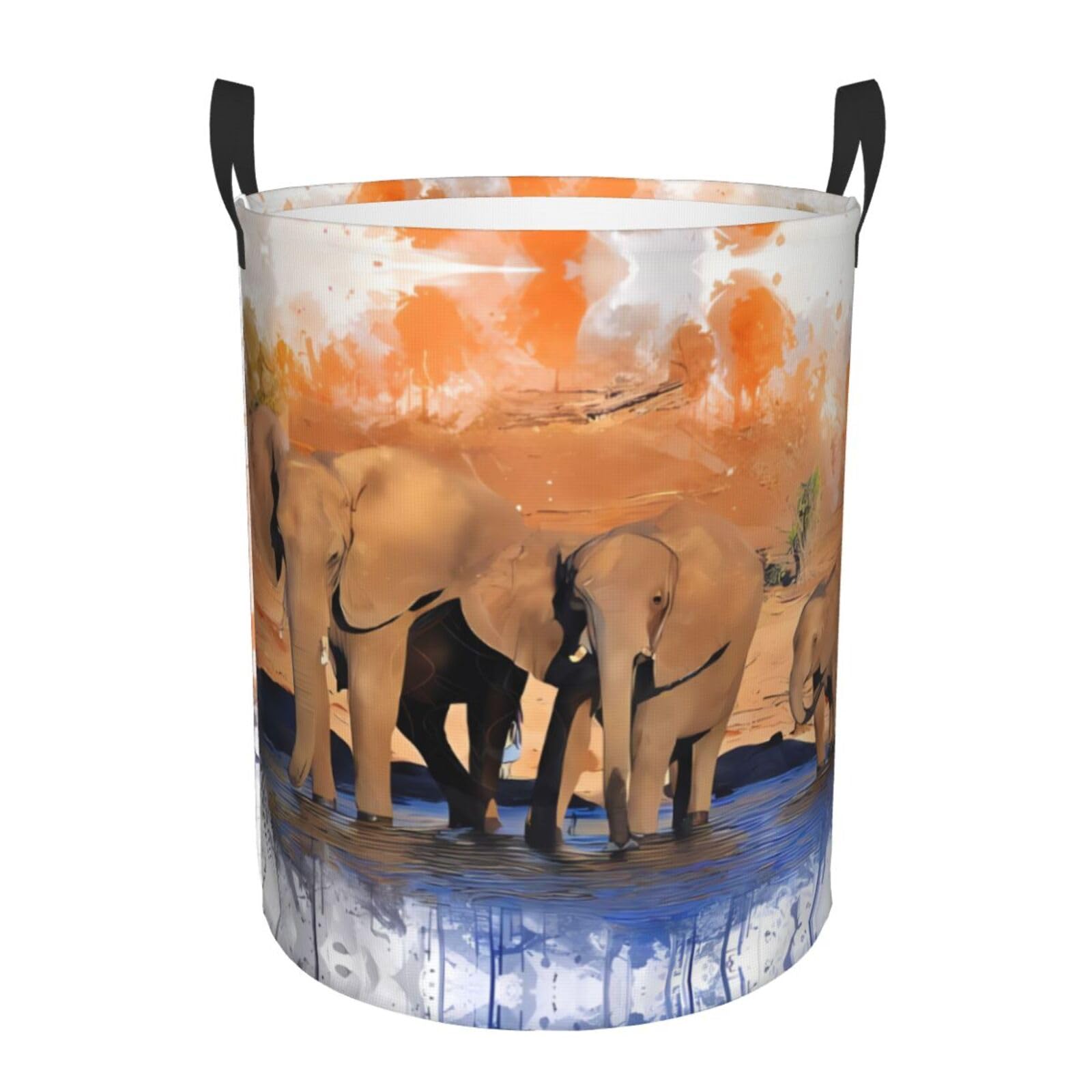M Circular Hamper – Collapsible Elephants Art Print Laundry Basket
