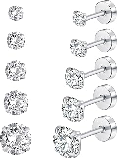 GLLBTPT Pack of Screw Back Cubic Zirconia Earrings Studs 3MM/4MM/5MM/6MM/8MM,Titanium Screw Back Stud Earrings Hypoallergenic for Men Women Birthday Anniversar