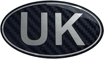 UK Carbon Black & Silver Oval Car Sticker - Gloss Domed Gel - 75mm x 43mm