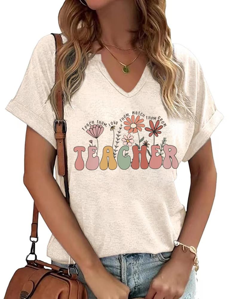SurBepoTeacher Shirts for Women Teach Them Love Them Watch Them Grow Wildflower T-Shirt Summer Inspirational Tops Teacher Gifts