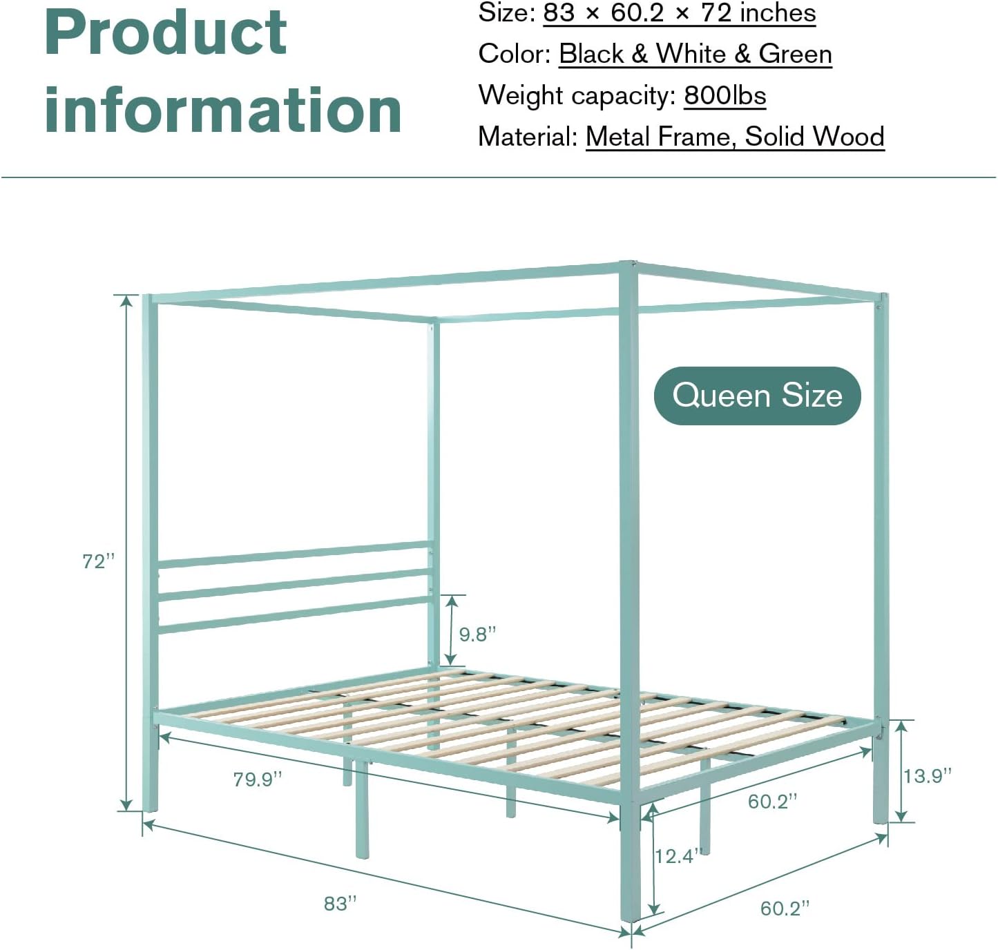 IMUsee Green Metal Canopy Platform Bed Frame/Mattress Foundation with Wood Slats Support/No Box Spring Needed/Easy Assembly, Queen