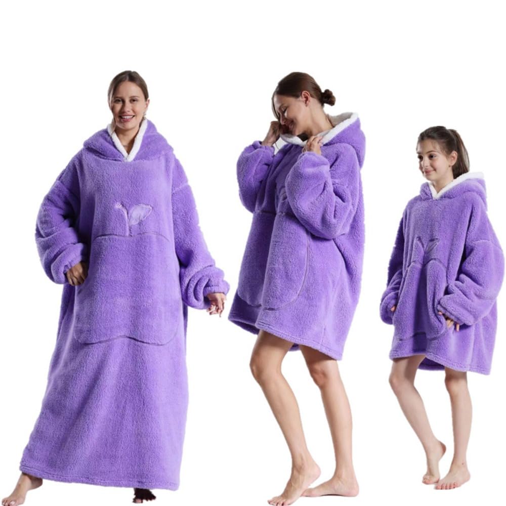 Winter Warm Flannel Apple Emobrodery TV Blankets Pink Christmas Pajamas Family Matching Clothes Hooded Oversized Sweatshirts (Purple,length-140cm)