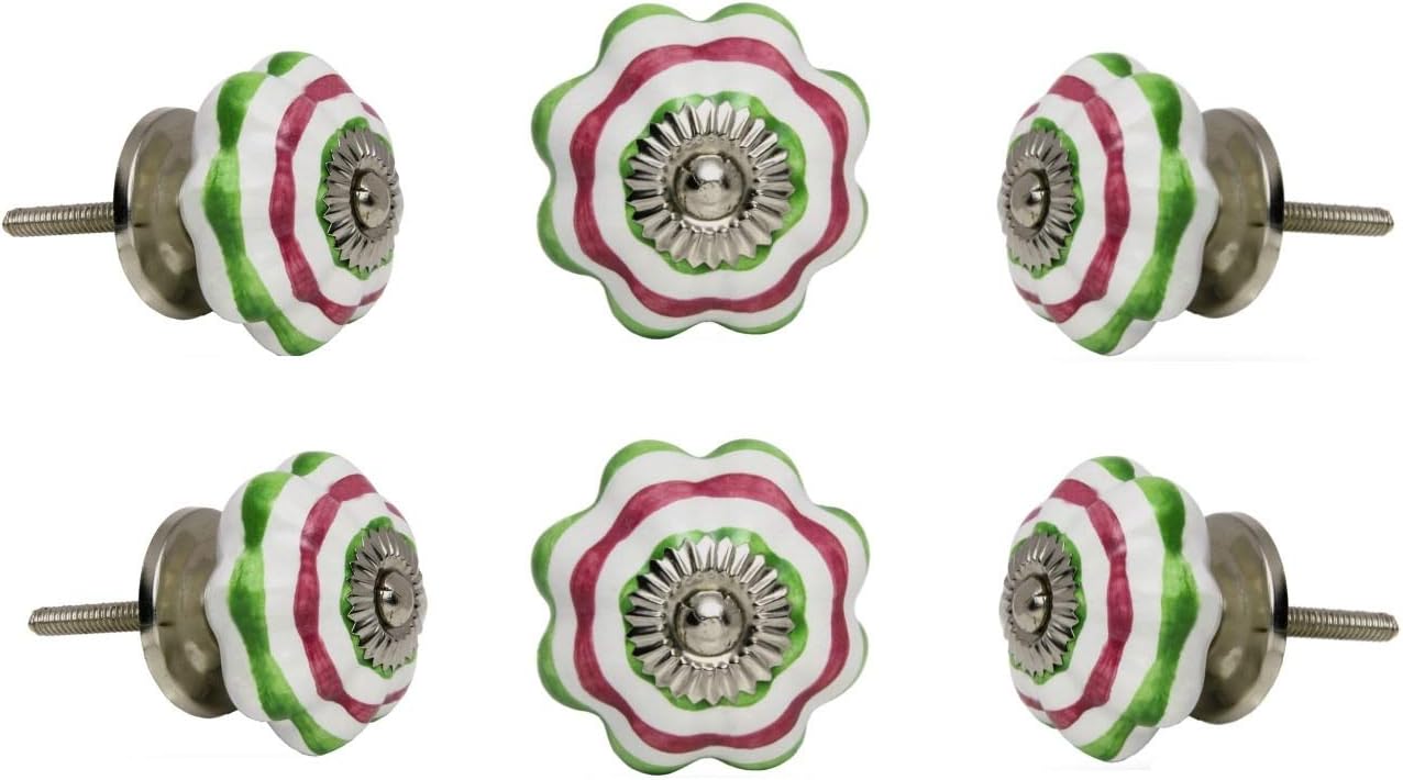 TRINCAFERRO Set of 6 Knobs Ceramic Melon Vanity Big Green/Pink