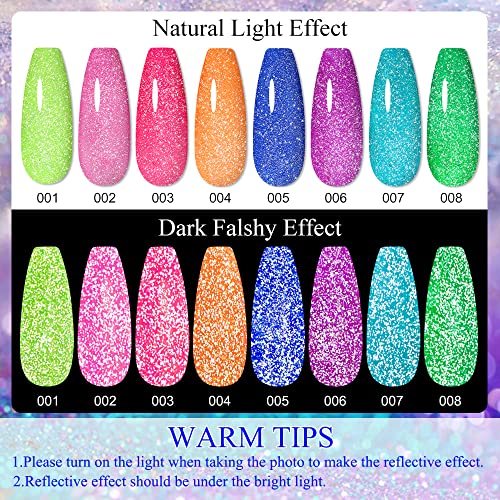 Mizhse Neon Reflective Gel Polish Set Reflective Glitter Gel Polish,Sparkly Shiny Disco Shimmer Nail Polish Gel Kit Fluorescent Bright Uv Led Soak Off Nail Gel Polish For Diy Nail Art Salon #TOP1