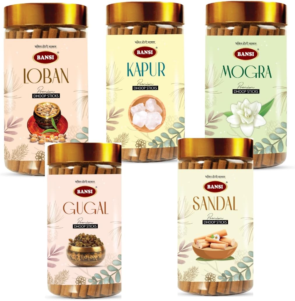 Bansi Dhoop Sticks for Spiritual Rituals โ Sandal, Mogra, Loban, Kapoor, Guggal โ 5 x 100g Jar Combo โ Bamboo-Free, Long-Lasting Aroma