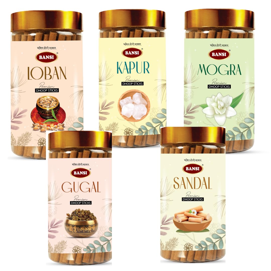 Bansi Dhoop Sticks for Spiritual Rituals – Sandal, Mogra, Loban, Kapoor, Guggal – 5 x 100g Jar Combo – Bamboo-Free, Long-Lasting Aroma