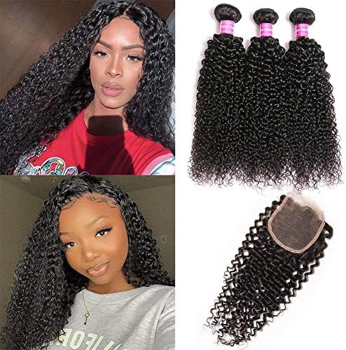 QinMei 10A Brazilian Virgin Curly Hair 3 Bundles With Closure Unprocessed Jerry Kinky Curly Wave Virgin Human Hair Extension Weave Bundles With Lace Closure Natural Color (14 16 18+12)