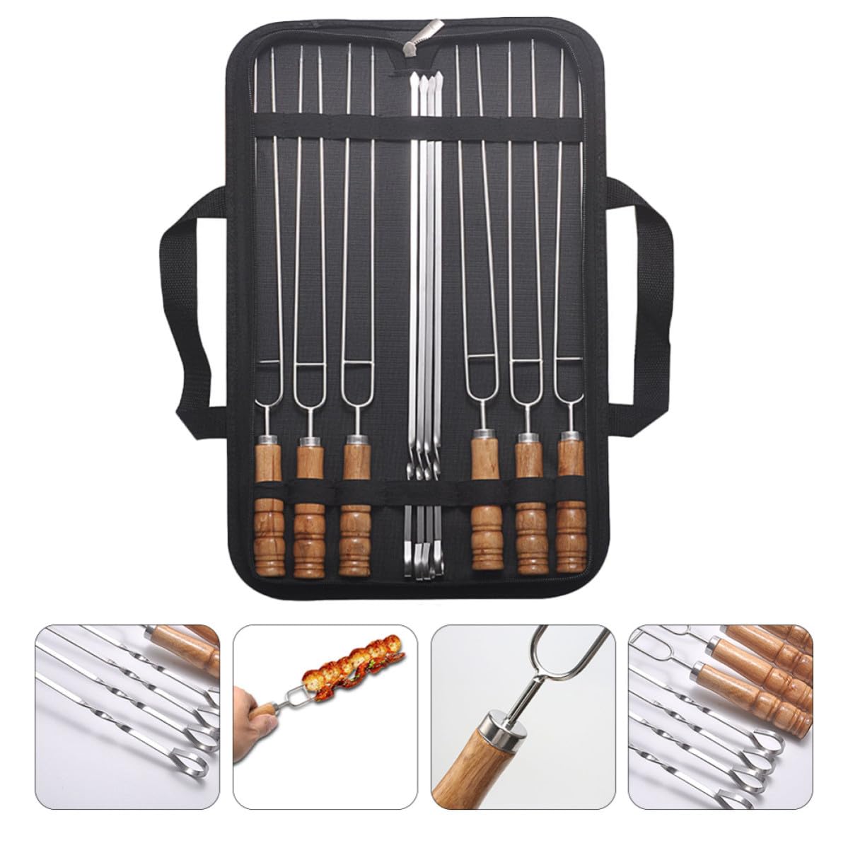 10 Pezzi Spiedini per Barbecue in Acciaio Inox con Manico in Legno e Borsa, Spiedini per Grigliata Neri, Antiruggine, per Cena in Famiglia e Grigliate All'aperto