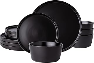 AmorArc Ceramic Dinnerware Sets for 4, Modern Flat Stoneware Plates and Bowls Sets,Chip and Crack Resistant Dishwasher & Microwave Safe Dishes Set,Scratch Resistant- Service for 4 -Matte Black (12pcs)