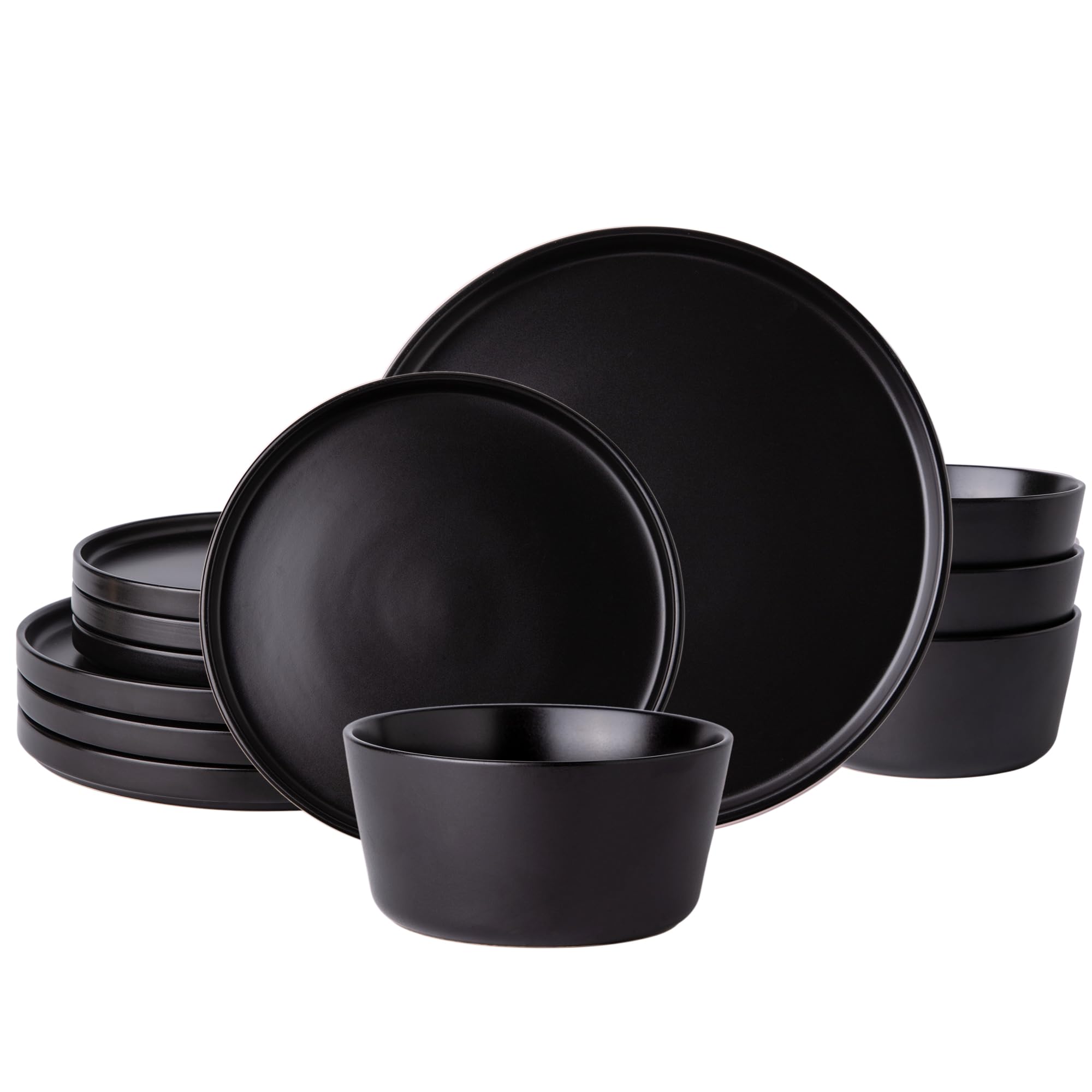 AmorArc Ceramic Dinnerware Sets for 4,Modern Stoneware Plates and Bowls Sets,Chip and Crack Resistant | Dishwasher & Microwave Safe Ceramic Dishes,Service for 4 (12pc)-Black