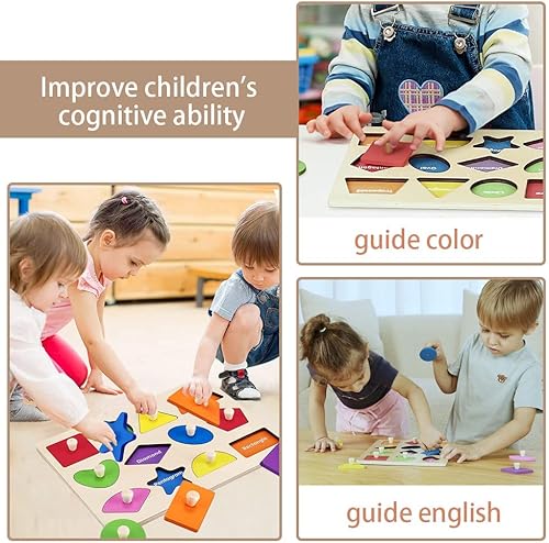 Miniatura 5 de FZLMYANGNDQZ Rompecabezas Montessori de madera con forma de madera para bebés, rompecabezas de forma geométrica con perilla de tabla, rompecabezas