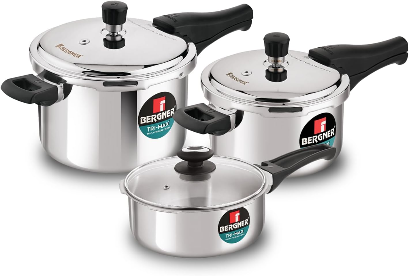 - Bergner Trimax Triply Stainless Steel Outer Lid Pressure Cooker Multi Combo - 5 L Cooker 3 L Pressure Pan, 2 L Cooker with Glass Lid, Less Oil Use, Healthy Cooking - Induction Bottom Gas Stove Ready