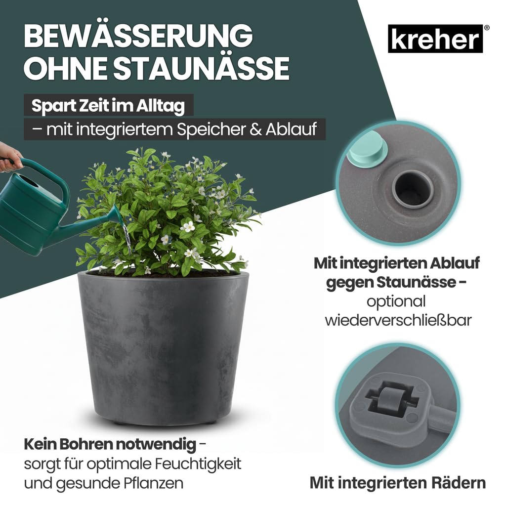 Kreher Pot de fleurs XXL Millennium avec plateforme roulante et un volume de 80 litres ! Magnifique aspect pierre naturelle en brun ou anthracite ! Dimensions : 59 x 49 cm (ØxH) (Anthracite)