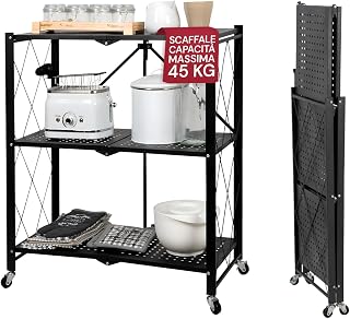 Avilia - Faltbares Regal mit 3 Einlegeböden aus schwarz lackiertem Metall, moderner Industriestil, klappbar ohne Schrauben, ideal für Haus, Büro, Küche und Garage