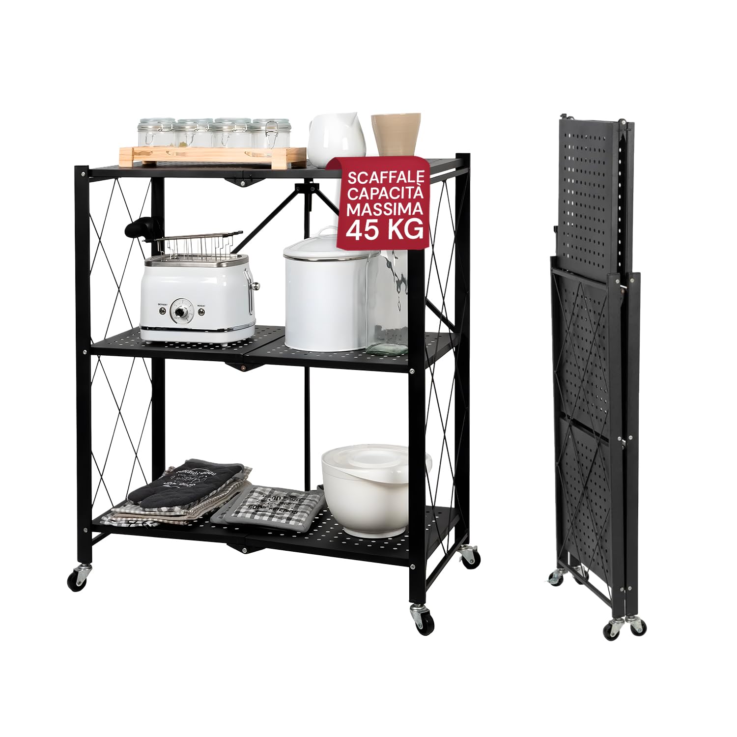 Avilia - Scaffale Richiudibile 3 Ripiani in Metallo Verniciato Nero, Stile Industriale Moderno, Pieghevole Senza Viti, Ideale per Casa, Ufficio, Cucina e Garage