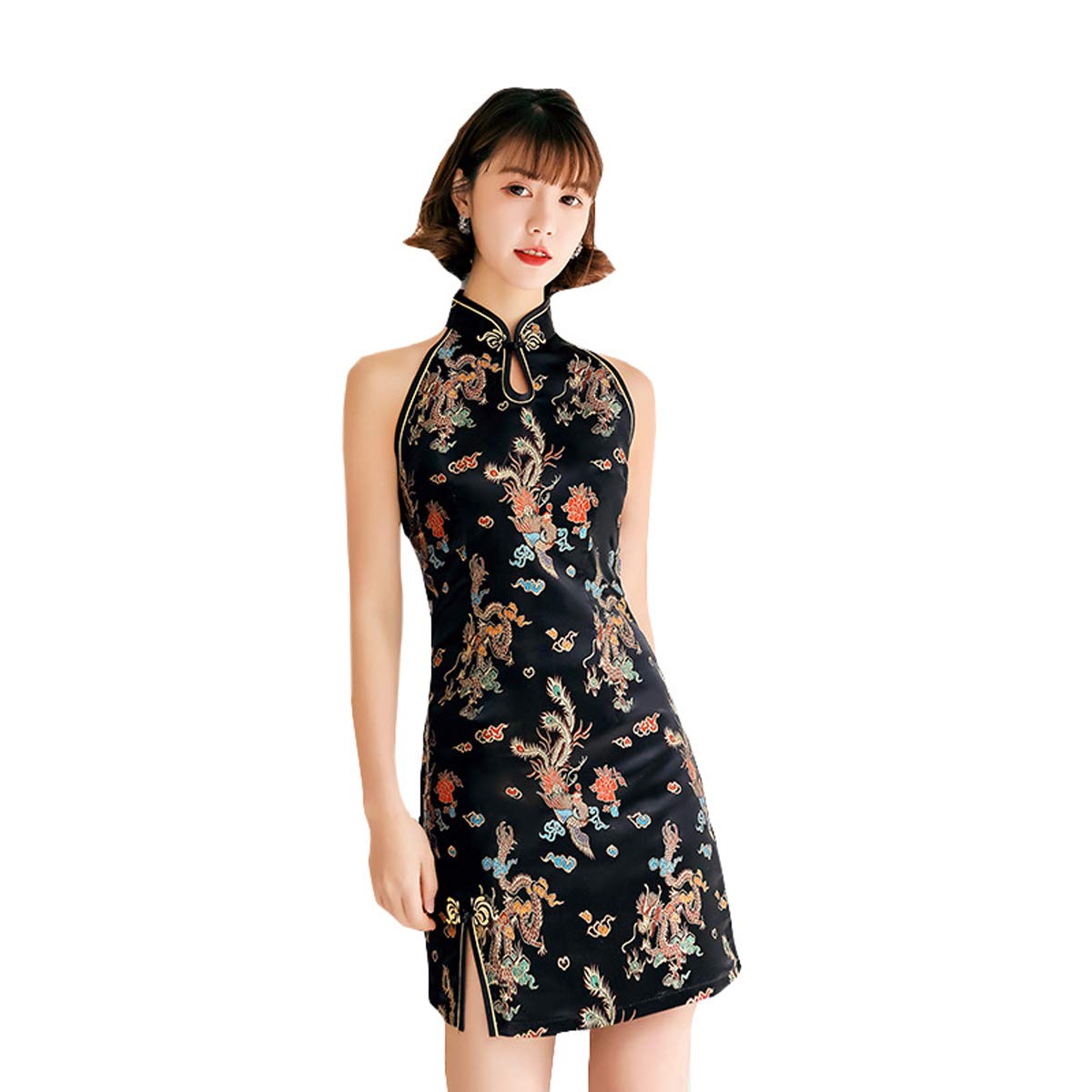 ACVIP Women's Brocade Satin Sleeveless Mini Qipao Ladies Chinese Dress Cheongsam (Black Dragon&Phoenix, UK 10/Label Size XL)