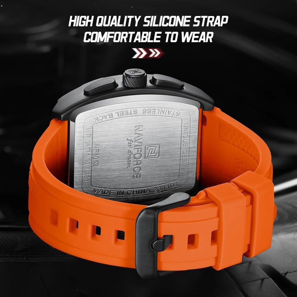 NAVIFORCE Waterproof Chronograph Sport Rectangle Watch for Men, with Auto Date Women Quartz Wrist Watches, Colorful Silicone Band