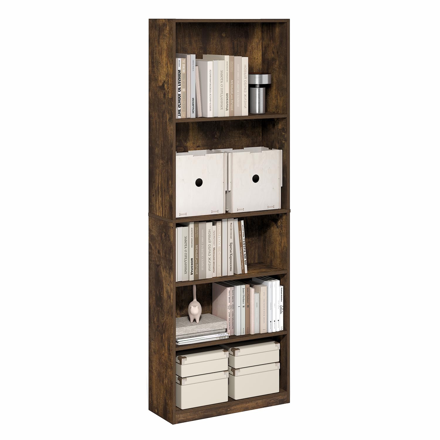 Furinno Jaya Book Shelf, 5-Tier Tall Book Shelf, Bookcase with Open Shelving, Standing Bookshelf, 9.5 x 24.6 x 71.1, for Organization and Storage, for Home Office, Living Room, Amber Pine